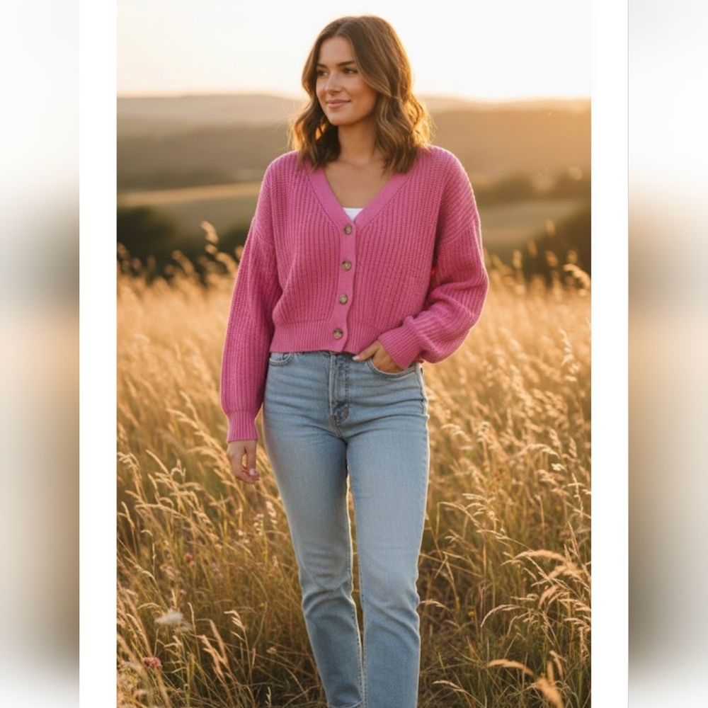 Pink Button-Up Cropped Sweater